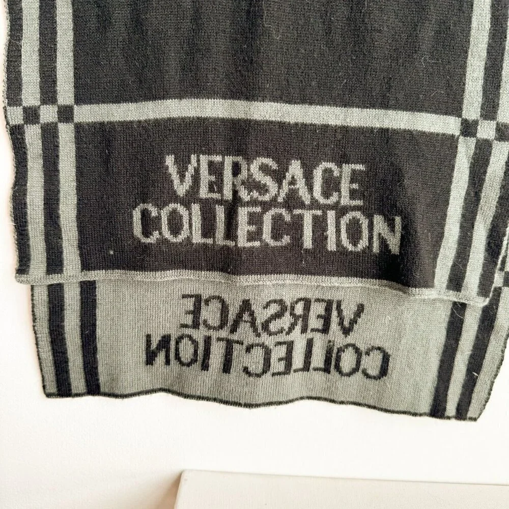 Versace Collection Reversible Wool Blend Grey Geometric Print Scarf